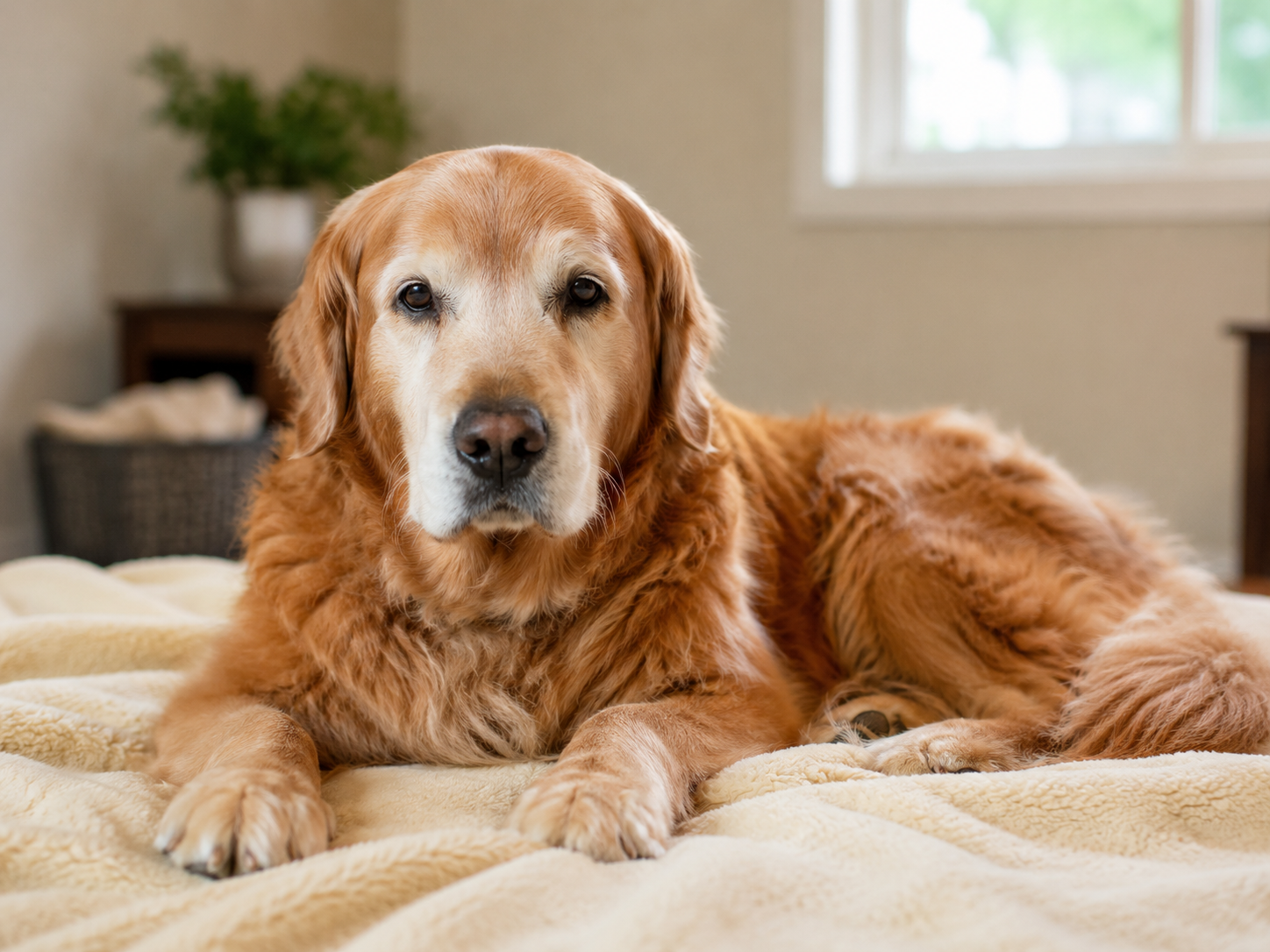Cachorro idoso descansando em ambiente acolhedor